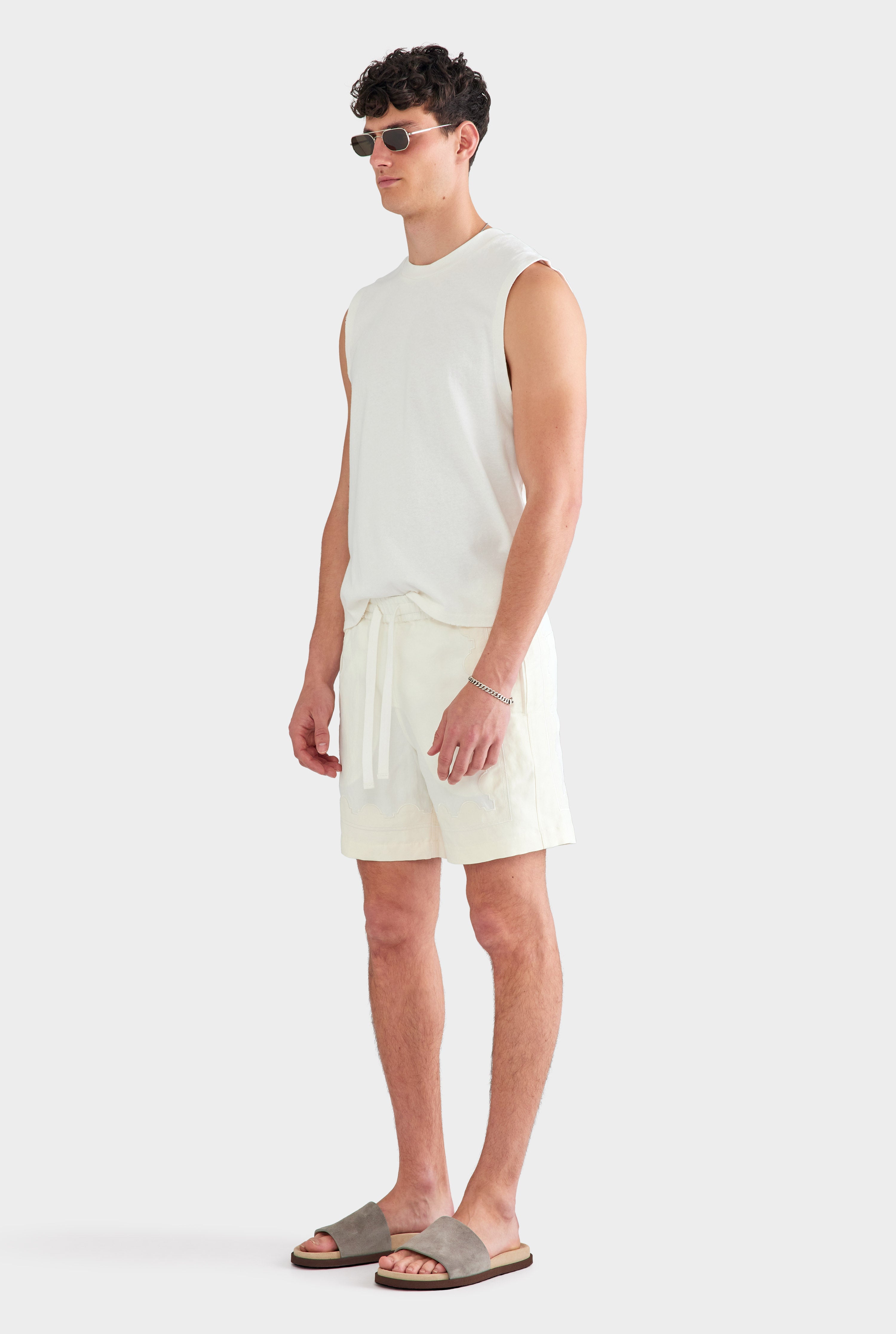 Aveline Panelled Applique Border Silk Linen Women's Shorts Off White/Cream 5