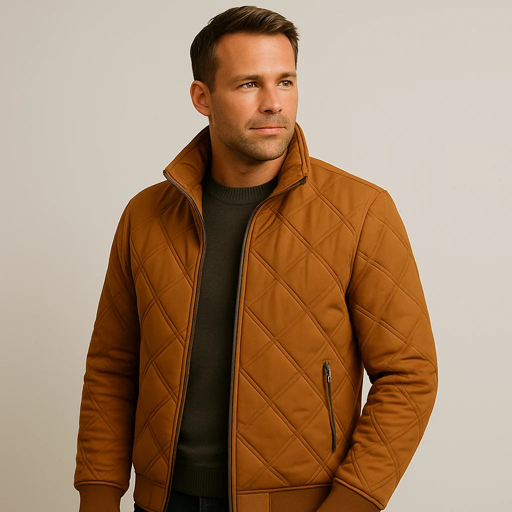 Bastiaan quilted jacket in brown, worn front view