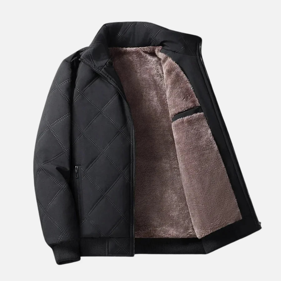 Bastiaan quilted jacket in black, front view with the lining showing