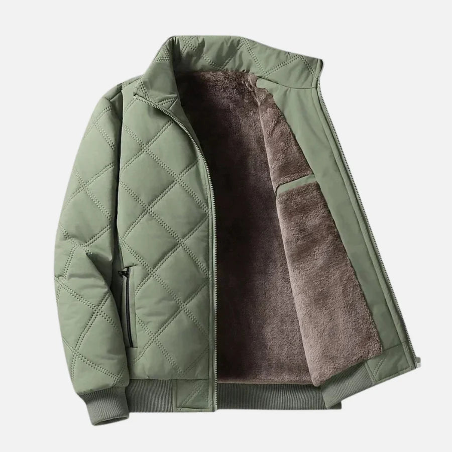 Bastiaan quilted jacket in green, front view with the lining showing