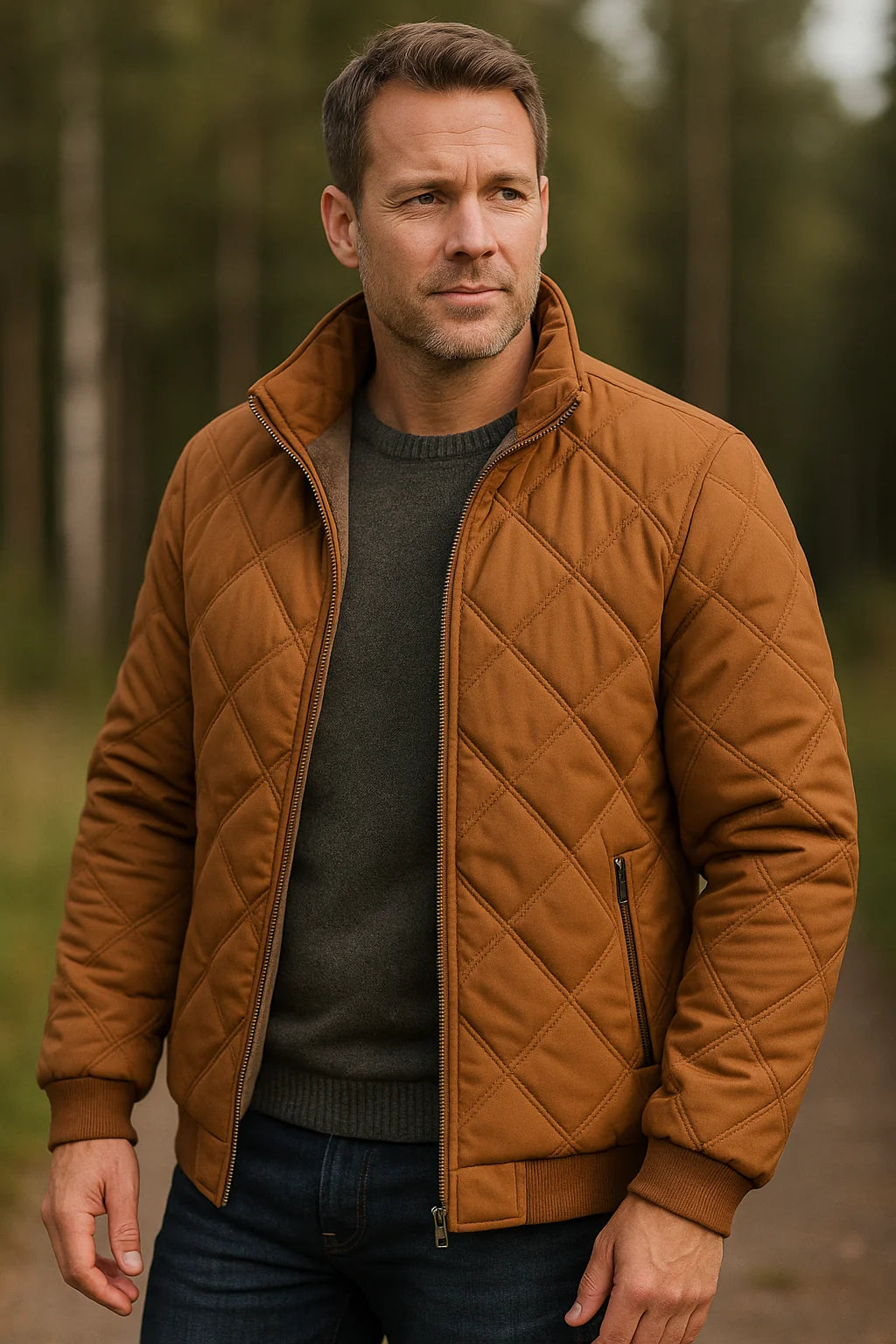 Bastiaan quilted jacket in brown, worn outdoors