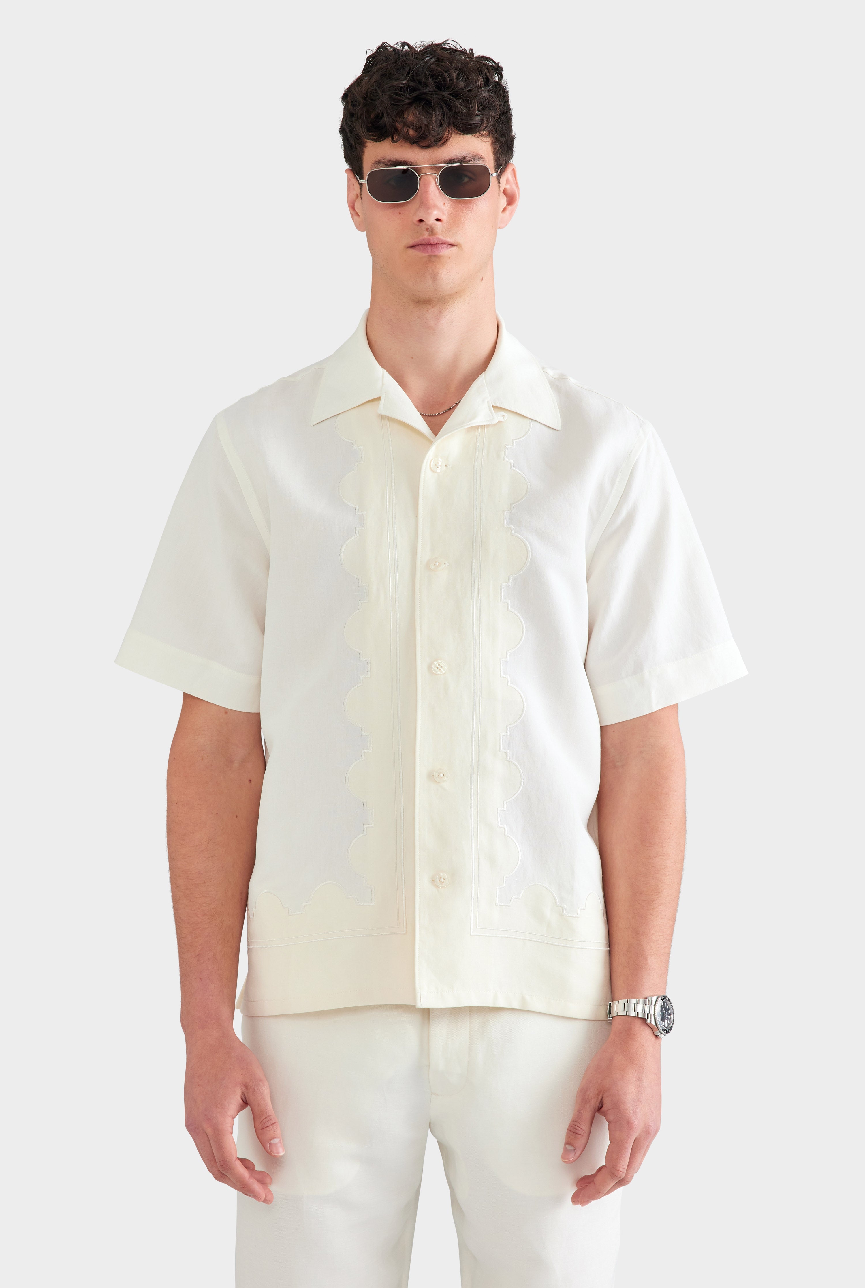 Bastian Silk Linen Shirt with Camp Collar and Applique Border 0