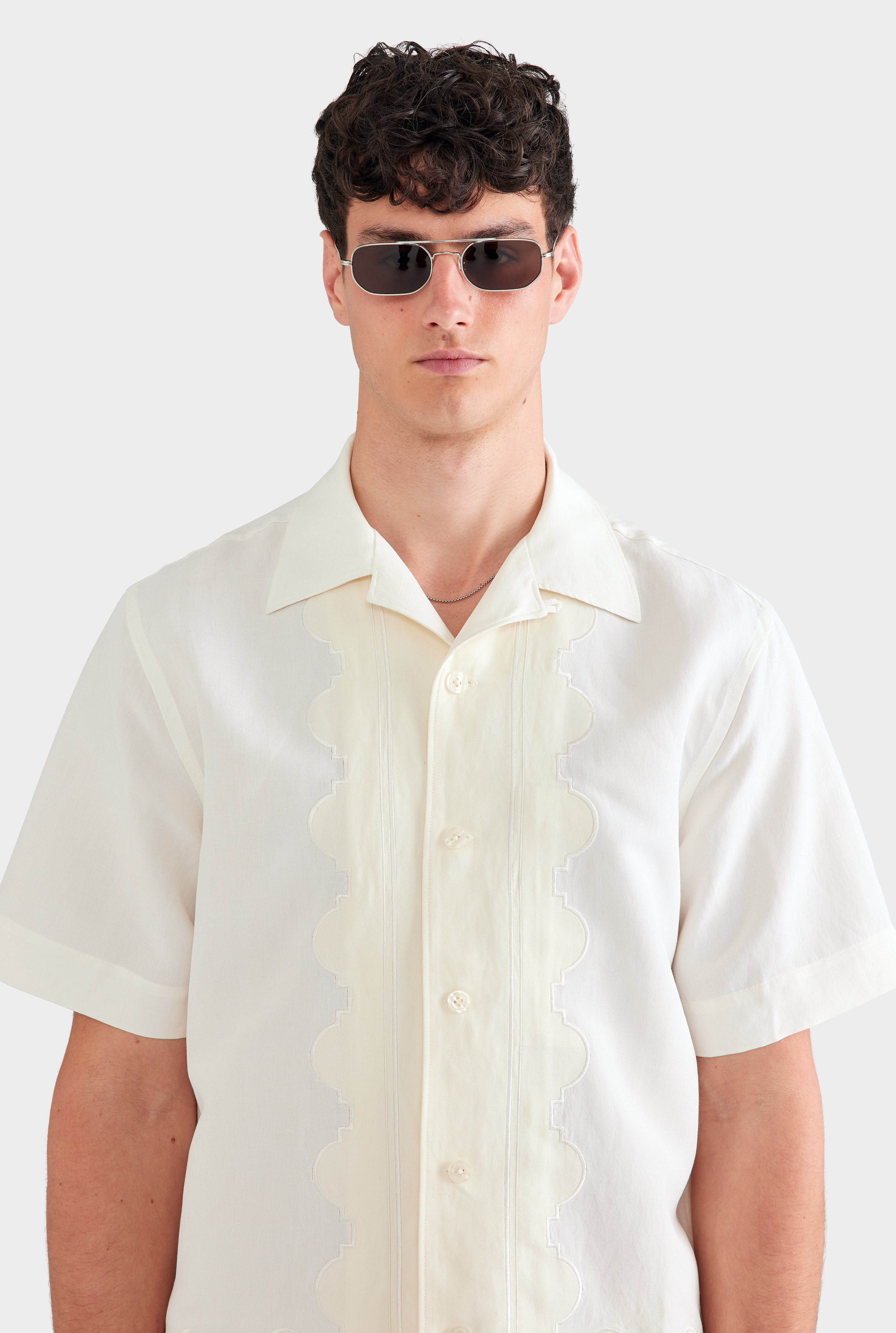 Bastian Silk Linen Shirt with Camp Collar and Applique Border 1