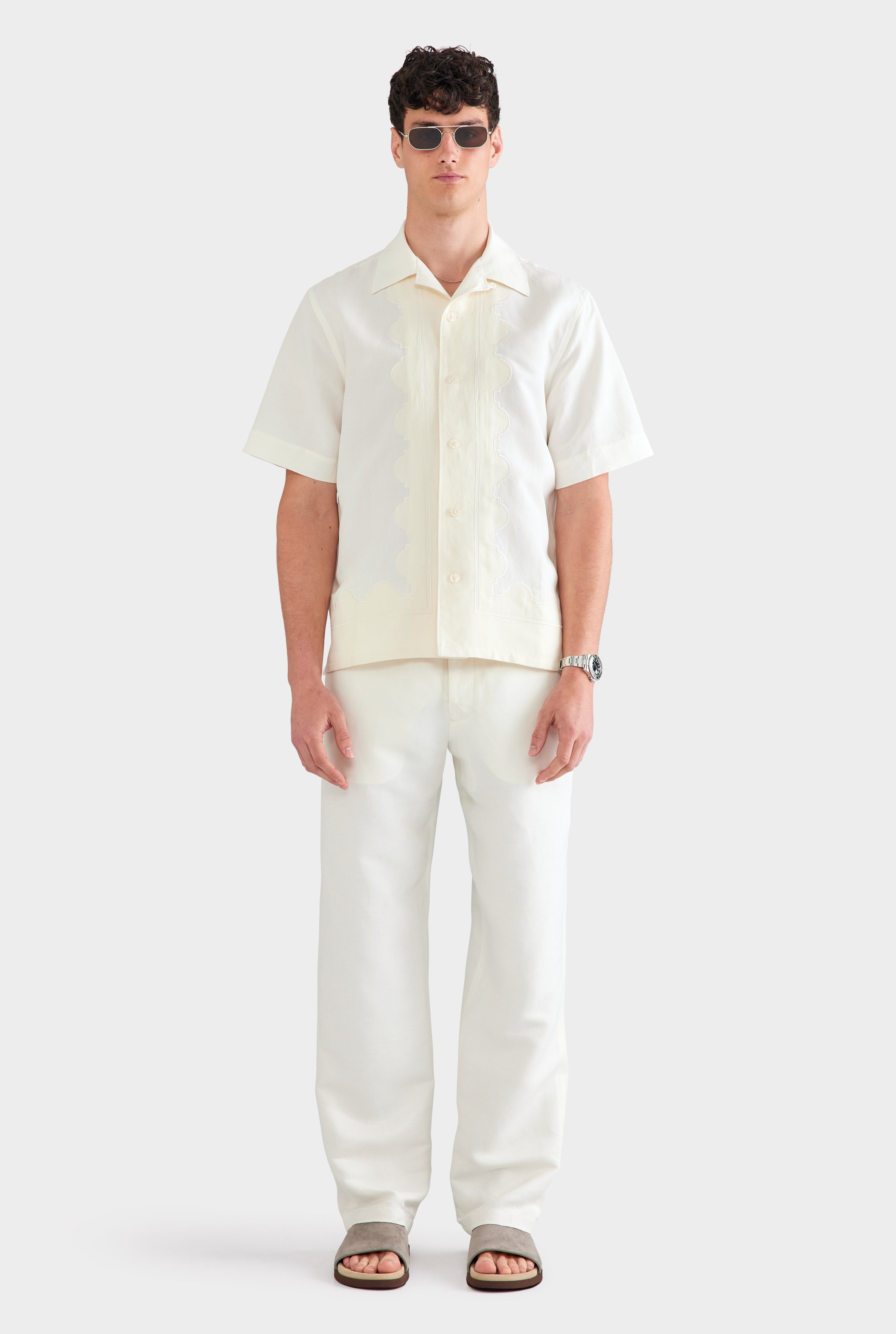 Bastian Silk Linen Shirt with Camp Collar and Applique Border 3