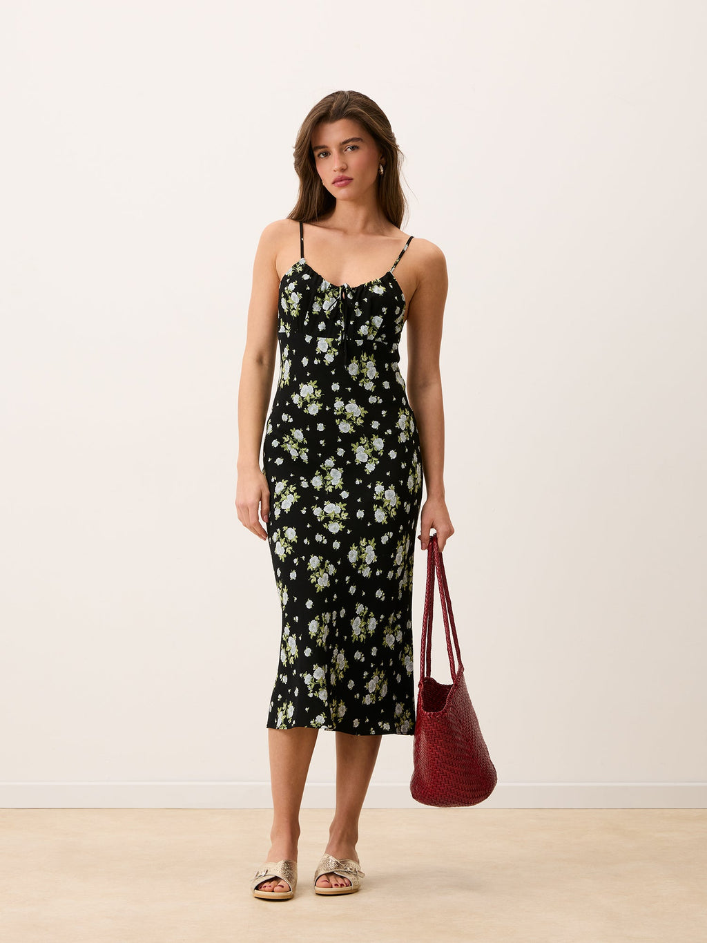 Benedict Robe DARIA Black Floral Midi Dress with Tie Neckline 0