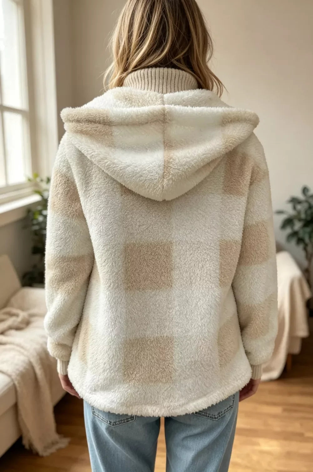 Bregje hooded teddy coat in cream check, back view