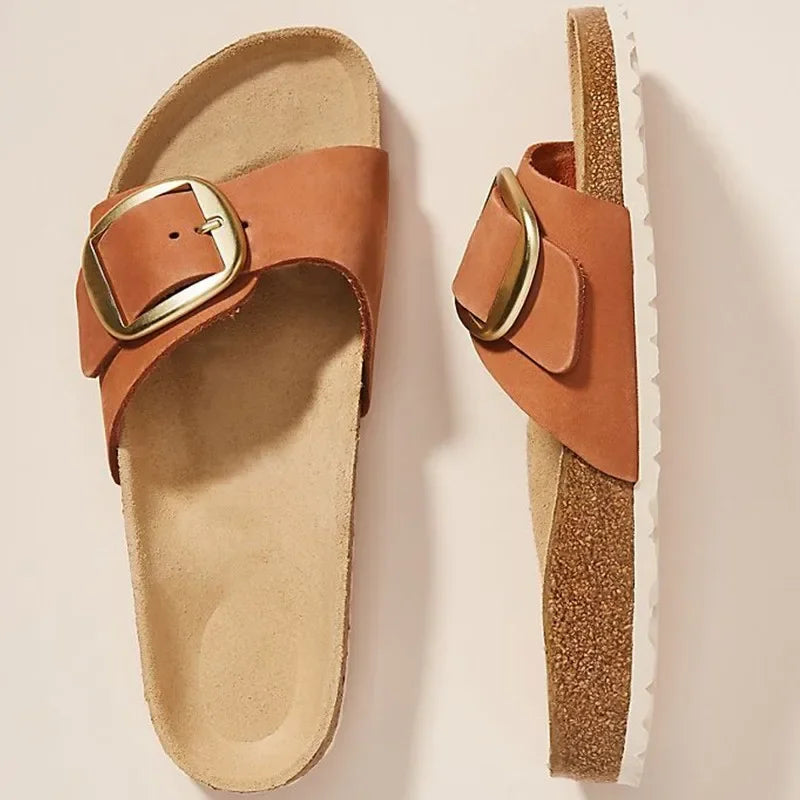 Brielle cork slides in natural tan with a minimalist design, featuring a comfortable slip-on style. 2