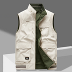 Lightweight olive green men's utility vest with multiple pockets and a comfortable, casual fit. 0