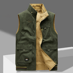 Lightweight olive green men's utility vest with multiple pockets and a comfortable, casual fit. 1