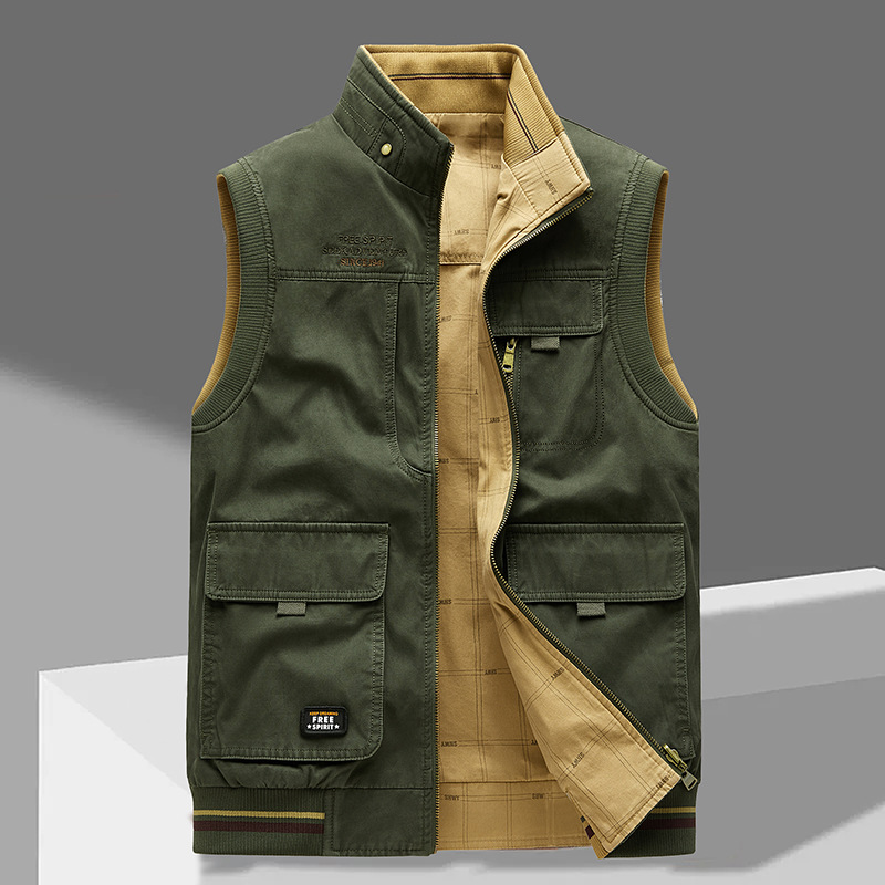Lightweight olive green men's utility vest with multiple pockets and a comfortable, casual fit. 1