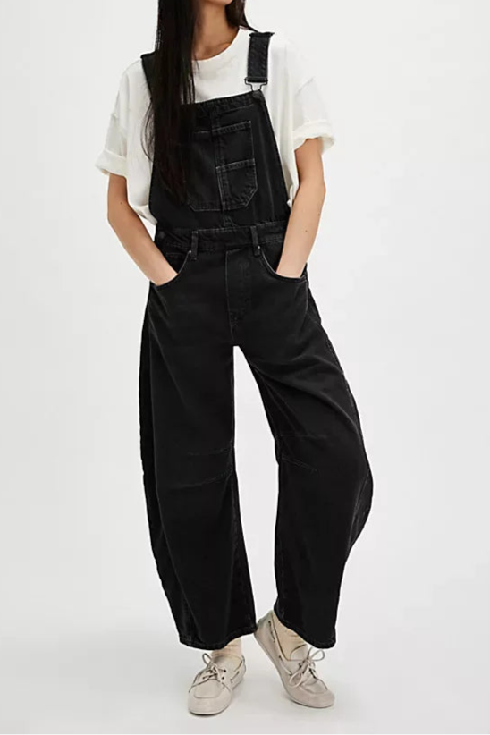 Blue denim overalls with a relaxed fit and adjustable straps, perfect for casual, everyday wear. 10