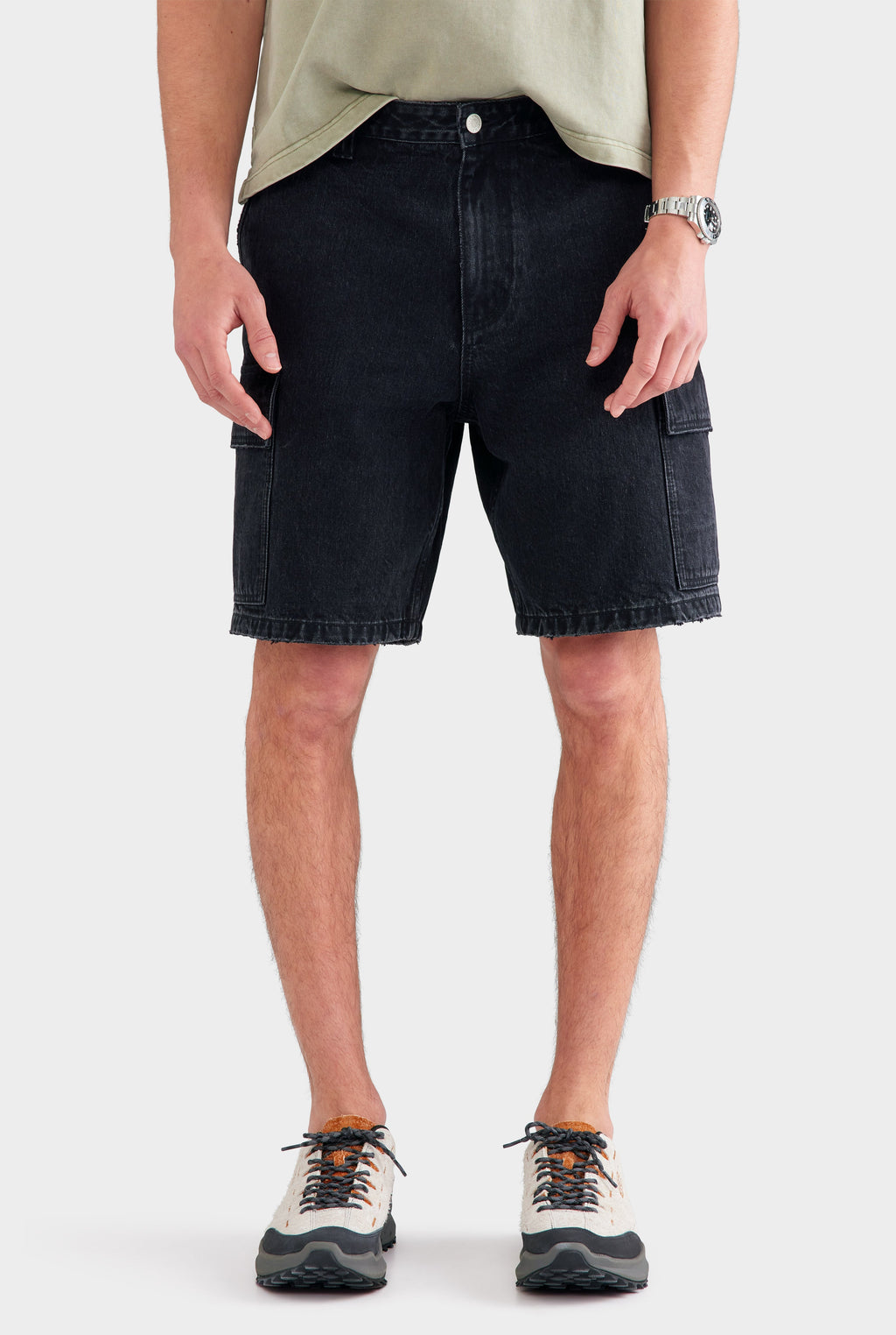 Callum Denim Cargo Shorts Washed Black 14oz Rigid Cotton, Knee-Length Regular Fit 0