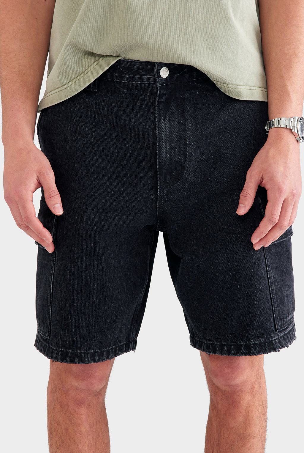 Callum Denim Cargo Shorts Washed Black 14oz Rigid Cotton, Knee-Length Regular Fit 2
