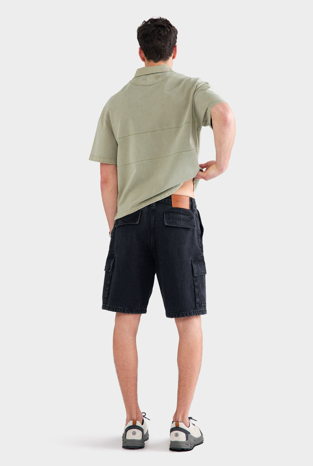 Callum Denim Cargo Shorts Washed Black 14oz Rigid Cotton, Knee-Length Regular Fit 4