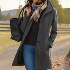Single-breasted wool-look coat for women with a notched collar.