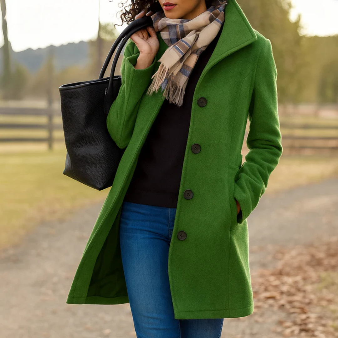 Single-breasted wool-look coat for women with a notched collar.
