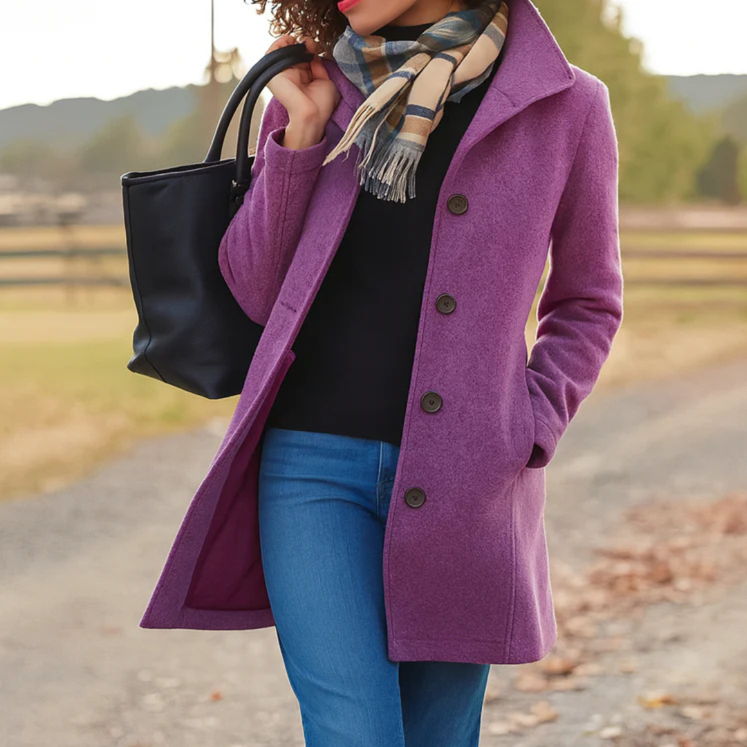 Single-breasted wool-look coat for women with a notched collar.
