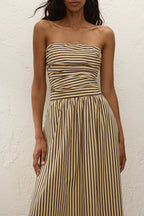 Sleeveless maxi dress in sand with striped pattern, perfect for summer casual wear. 1
