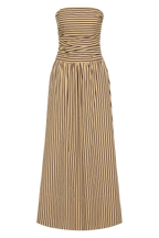 Sleeveless maxi dress in sand with striped pattern, perfect for summer casual wear. 5