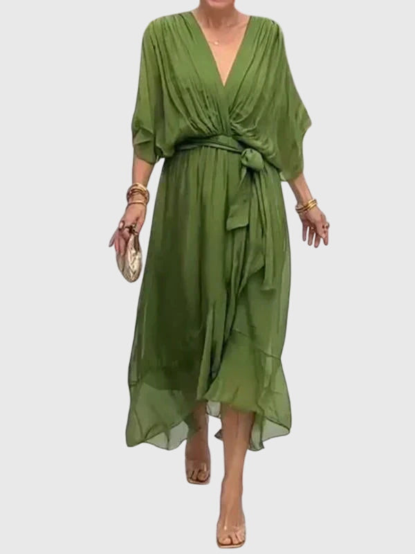 Cassandra women's dress in soft lavender, featuring a V-neck and a flattering silhouette, perfect for weddings. 0