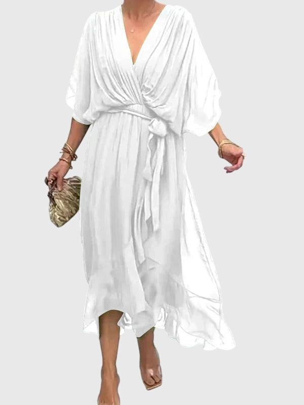 Cassandra women's dress in soft lavender, featuring a V-neck and a flattering silhouette, perfect for weddings. 6