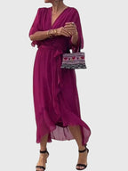 Cassandra women's dress in soft lavender, featuring a V-neck and a flattering silhouette, perfect for weddings. 7
