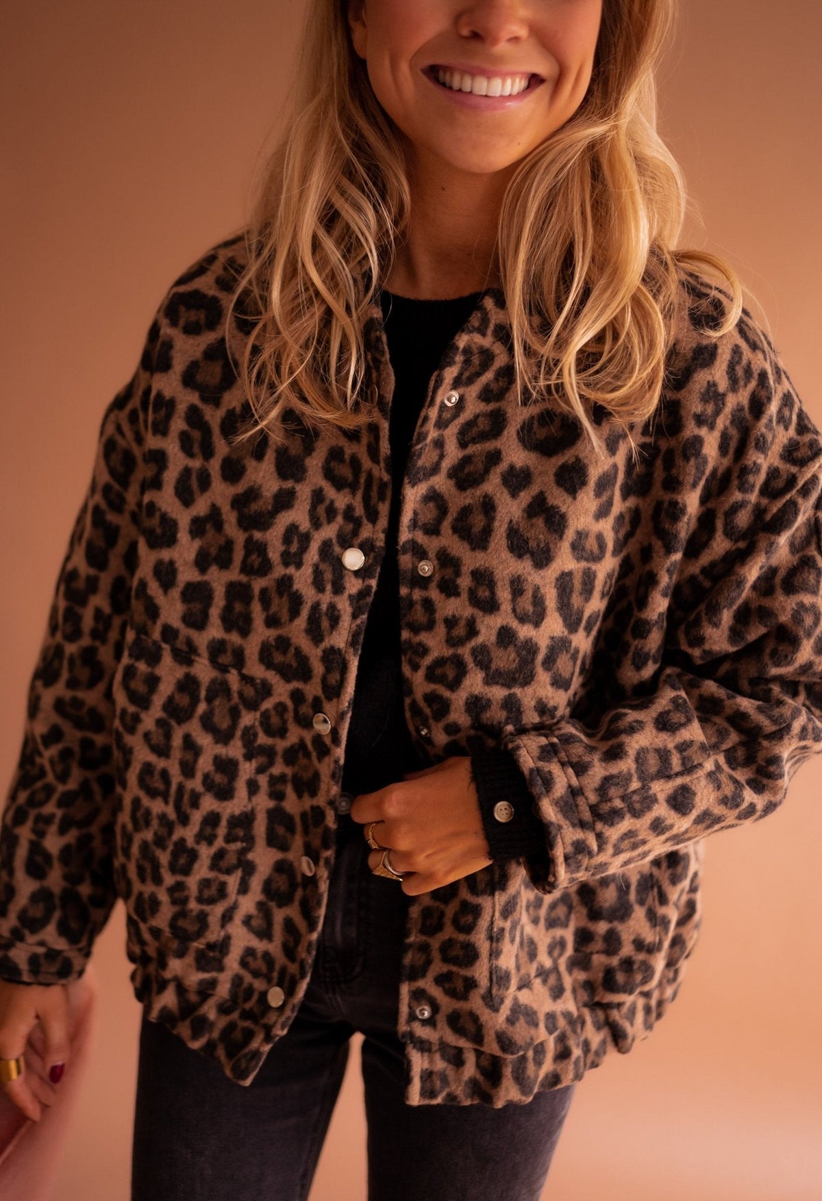 Leopard print overshirt jacket for women with a press-stud front.