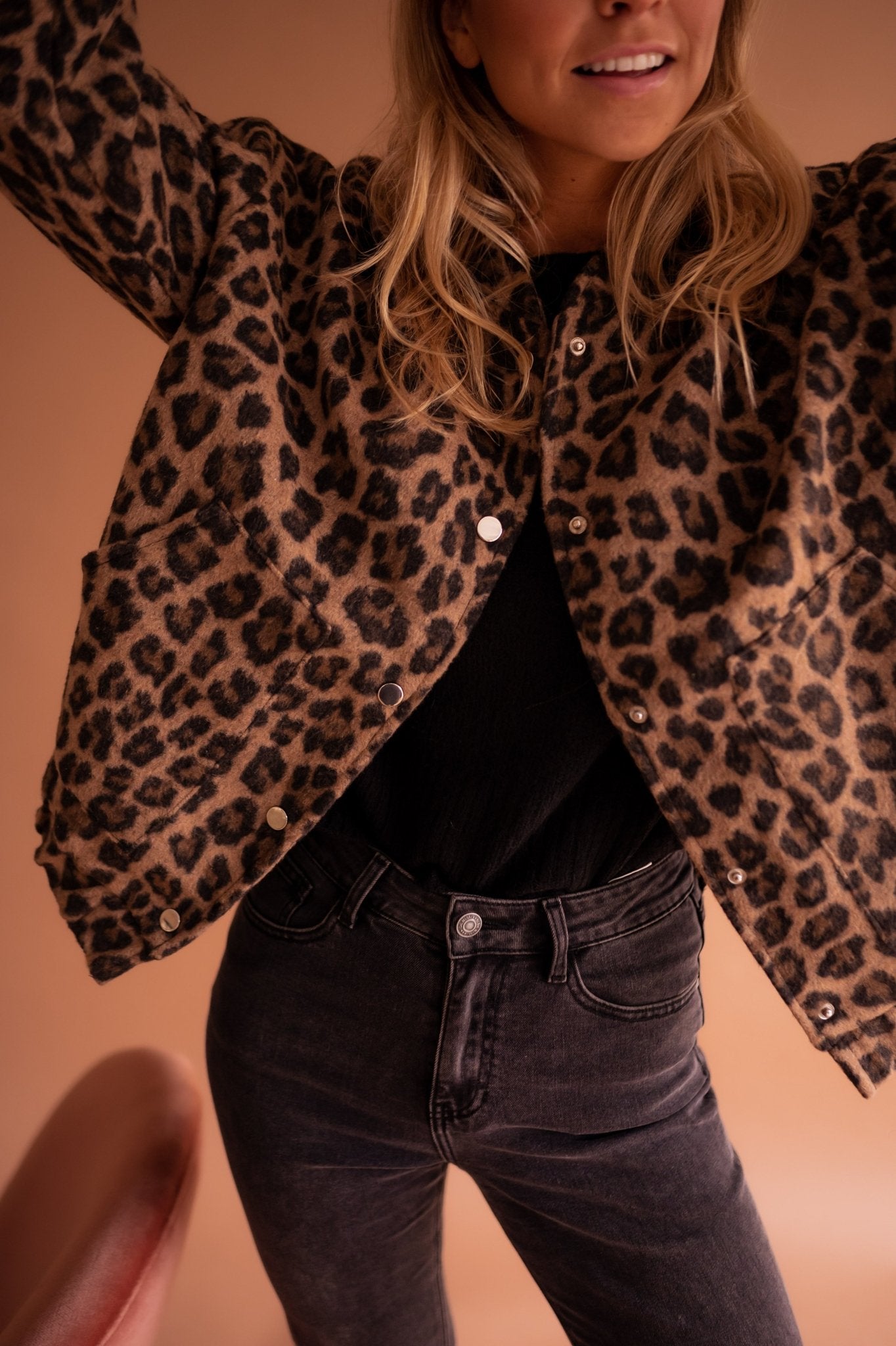 Leopard print overshirt jacket for women with a press-stud front.