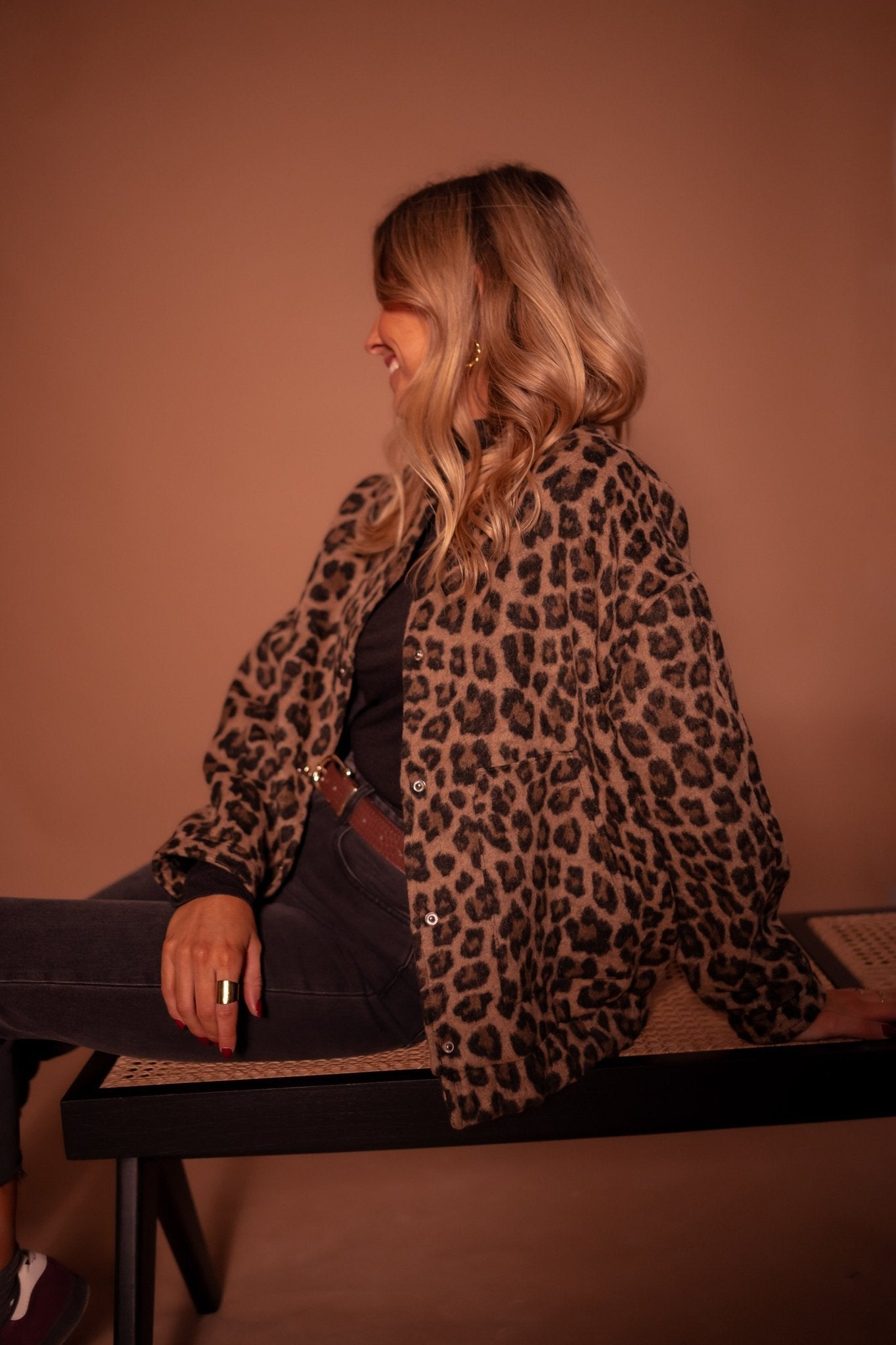Leopard print overshirt jacket for women with a press-stud front.