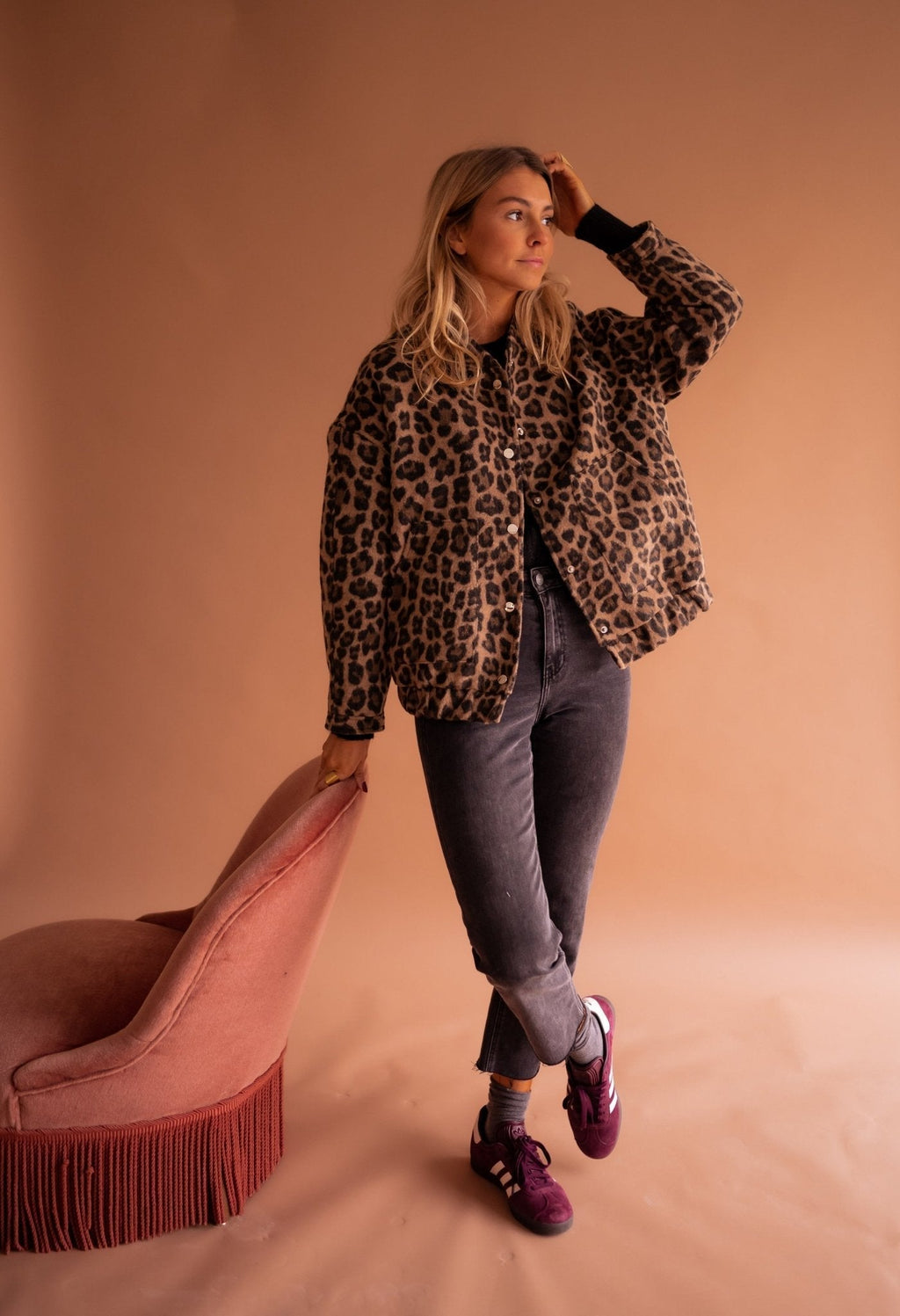 Leopard print overshirt jacket for women with a press-stud front.