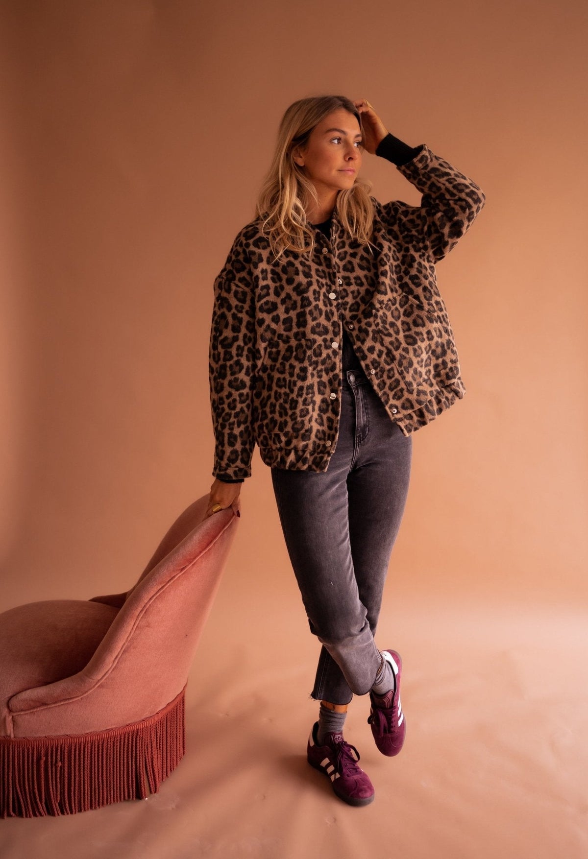 Leopard print overshirt jacket for women with a press-stud front.