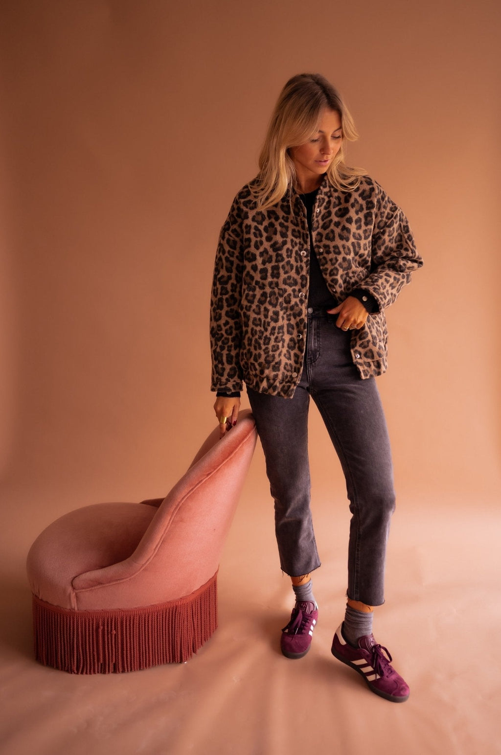 Leopard print overshirt jacket for women with a press-stud front.