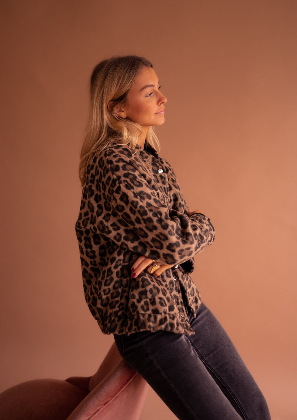 Leopard print overshirt jacket for women with a press-stud front.