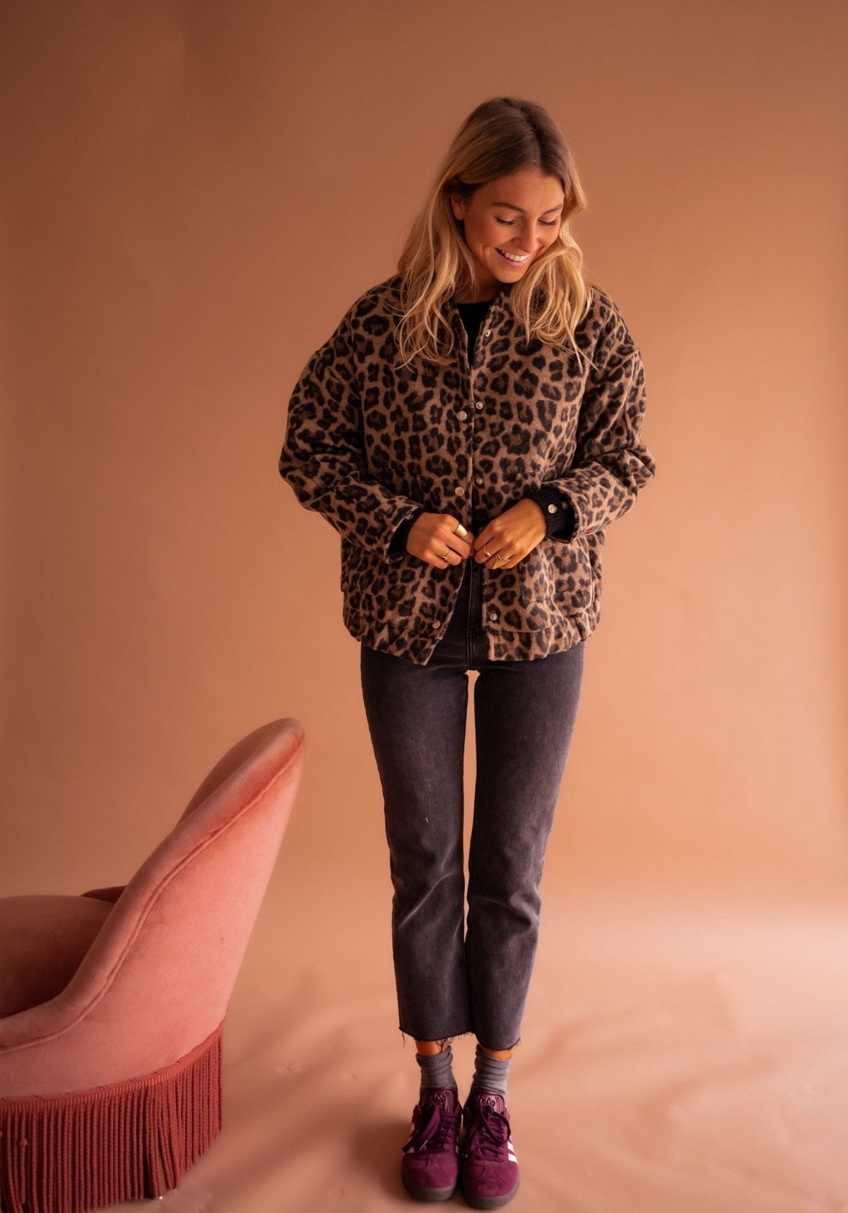 Leopard print overshirt jacket for women with a press-stud front.