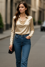 Laureline | Shiny Blouse with Pleated Collar