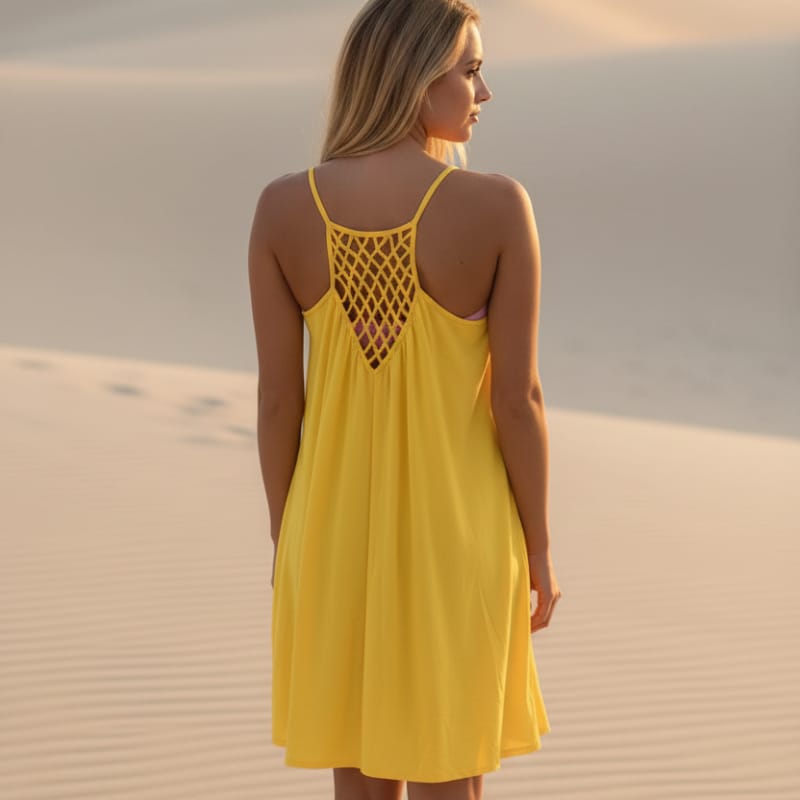 Lightweight mini beach cover-up dress in soft white, featuring a relaxed O-neckline and sleeveless design. 3