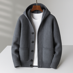 Christopher men's hooded knit cardigan, gray, on a hanger