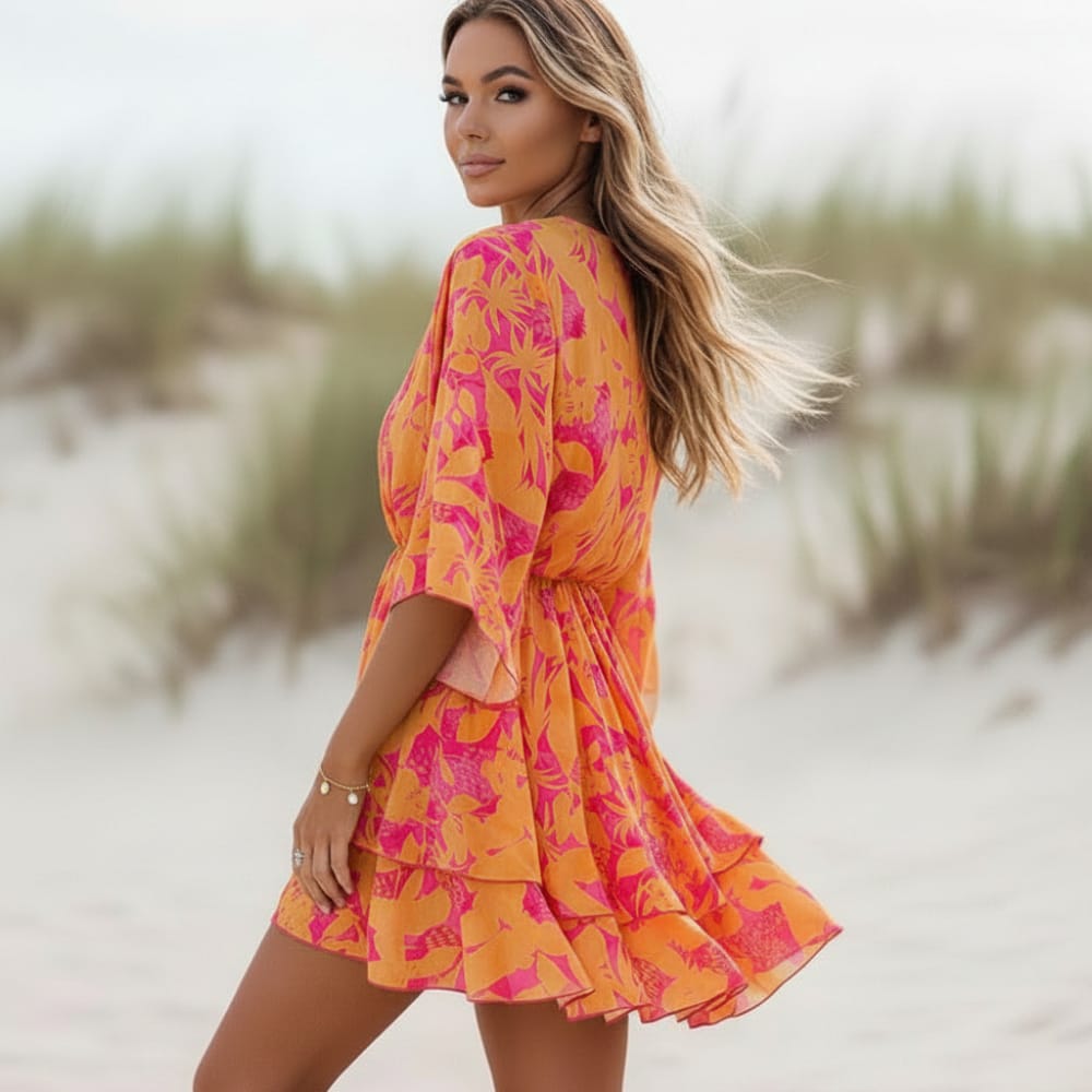 Boho floral mini dress in soft pastel colors with ruffle details and batwing sleeves. 1