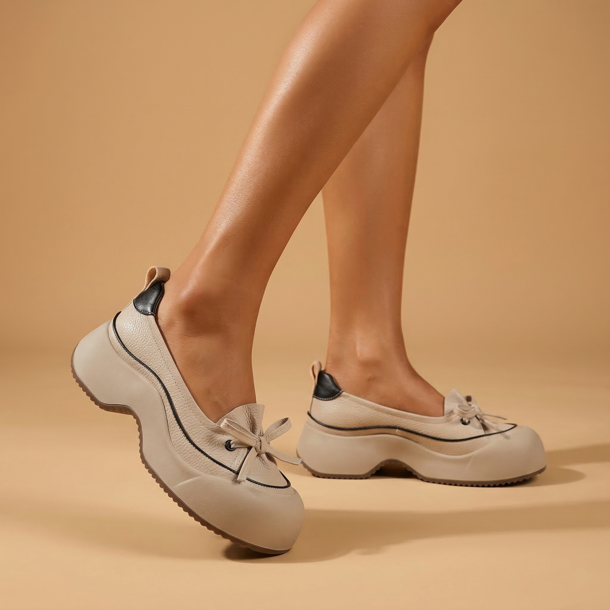 Clara cushioned support shoes in soft beige vegan leather, featuring a sleek and minimalist design for everyday wear. 2