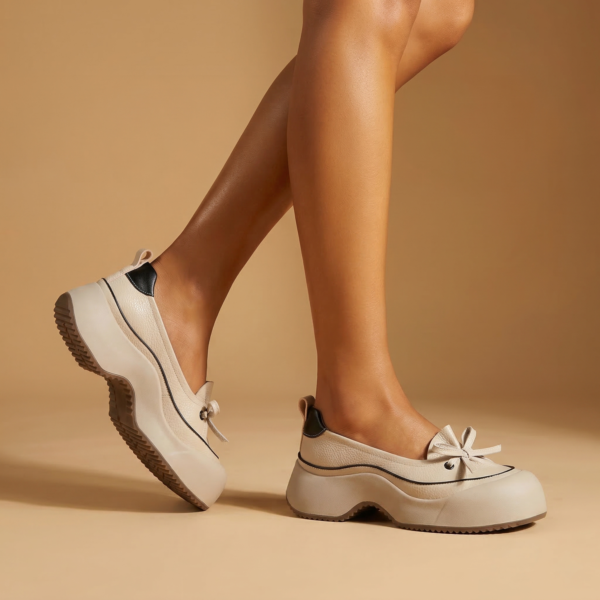 Clara cushioned support shoes in soft beige vegan leather, featuring a sleek and minimalist design for everyday wear. 3