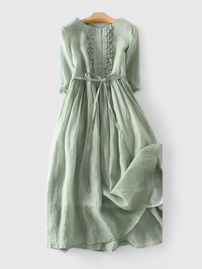 Light blue linen blend midi dress with adjustable waist, featuring a relaxed fit and casual style for women. 0