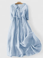 Light blue linen blend midi dress with adjustable waist, featuring a relaxed fit and casual style for women. 3