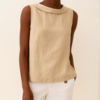 Light blue sleeveless linen cotton blend top with a pleated collar, featuring a relaxed and casual style. 3