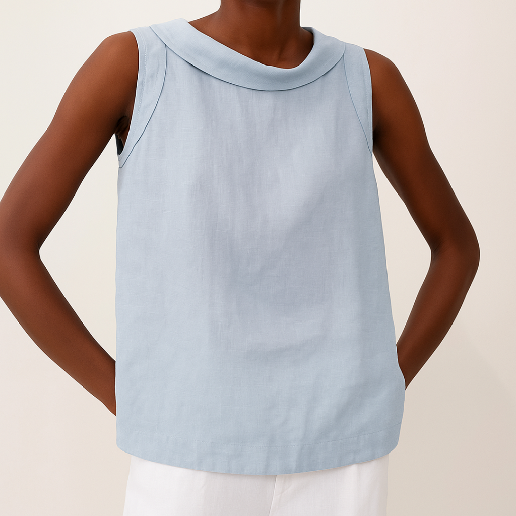Light blue sleeveless linen cotton blend top with a pleated collar, featuring a relaxed and casual style. 4