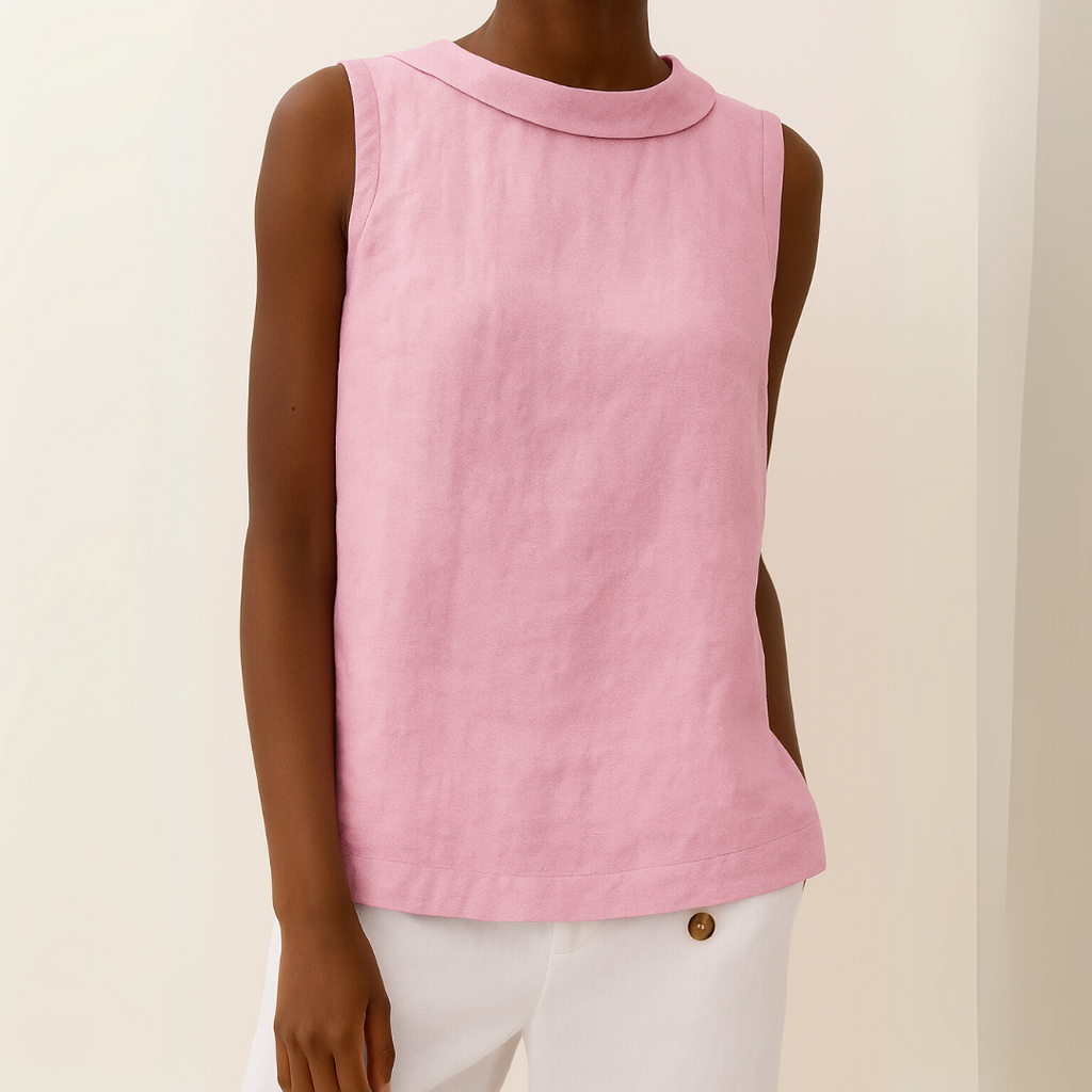 Light blue sleeveless linen cotton blend top with a pleated collar, featuring a relaxed and casual style. 6