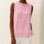 Light blue sleeveless linen cotton blend top with a pleated collar, featuring a relaxed and casual style. 6