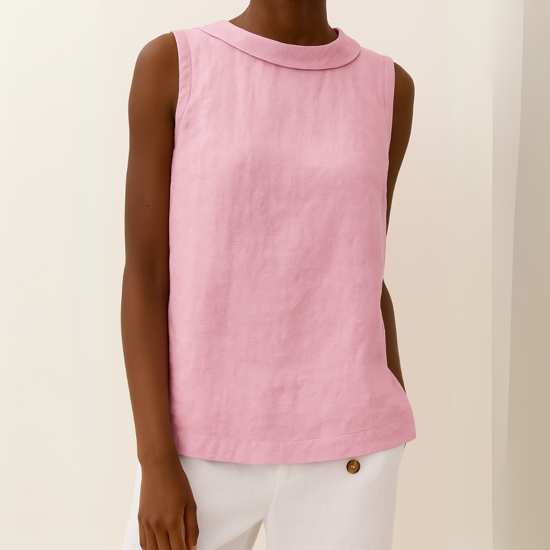 Light blue sleeveless linen cotton blend top with a pleated collar, featuring a relaxed and casual style. 6