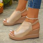 Beige wedge sandals with orthopedic support, featuring a slip-resistant grip and a casual, comfortable style. 0