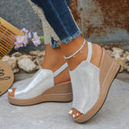 Beige wedge sandals with orthopedic support, featuring a slip-resistant grip and a casual, comfortable style. 1