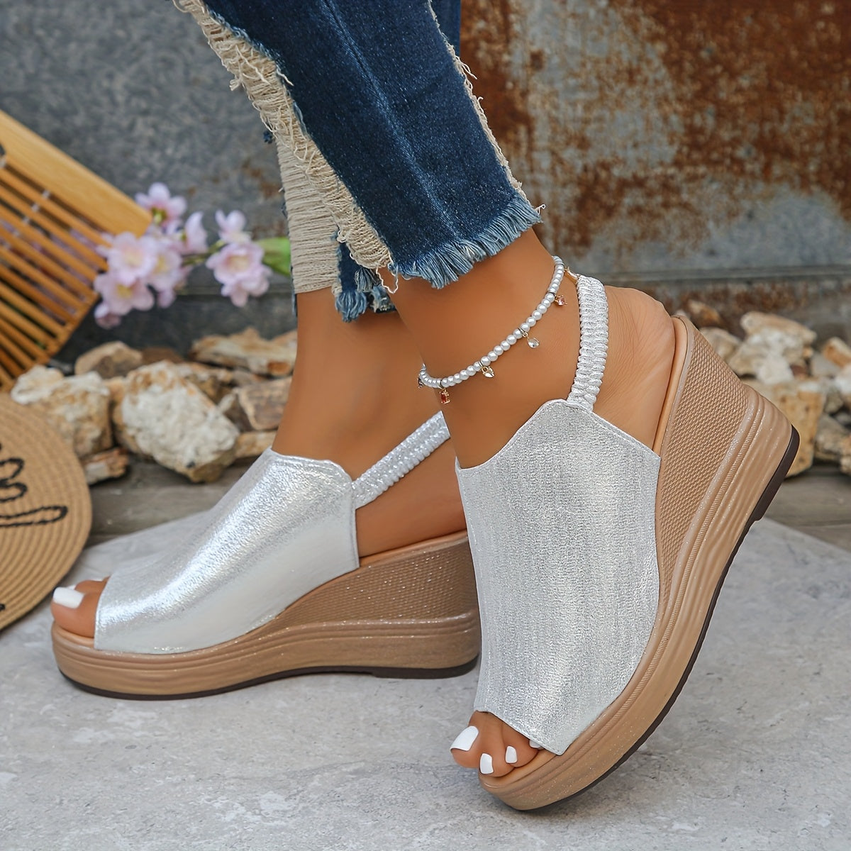 Beige wedge sandals with orthopedic support, featuring a slip-resistant grip and a casual, comfortable style. 1